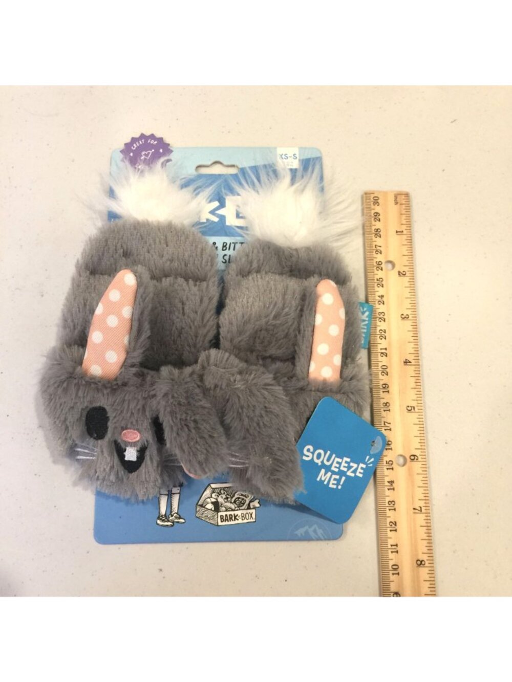 Bark Box Itty & Bitty Bunny Slippers Gray Peach Plush Crinkle Squeak Dog Toy - Picture 2 of 3